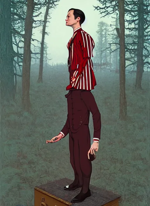 Prompt: joseph gordon - levitt wearing a 1 9 2 0 s red striped outfit, from scene from twin peaks by michael whelan, tomer hanuka, rossetti bouguereau, artgerm, retro, nostalgic, old fashioned