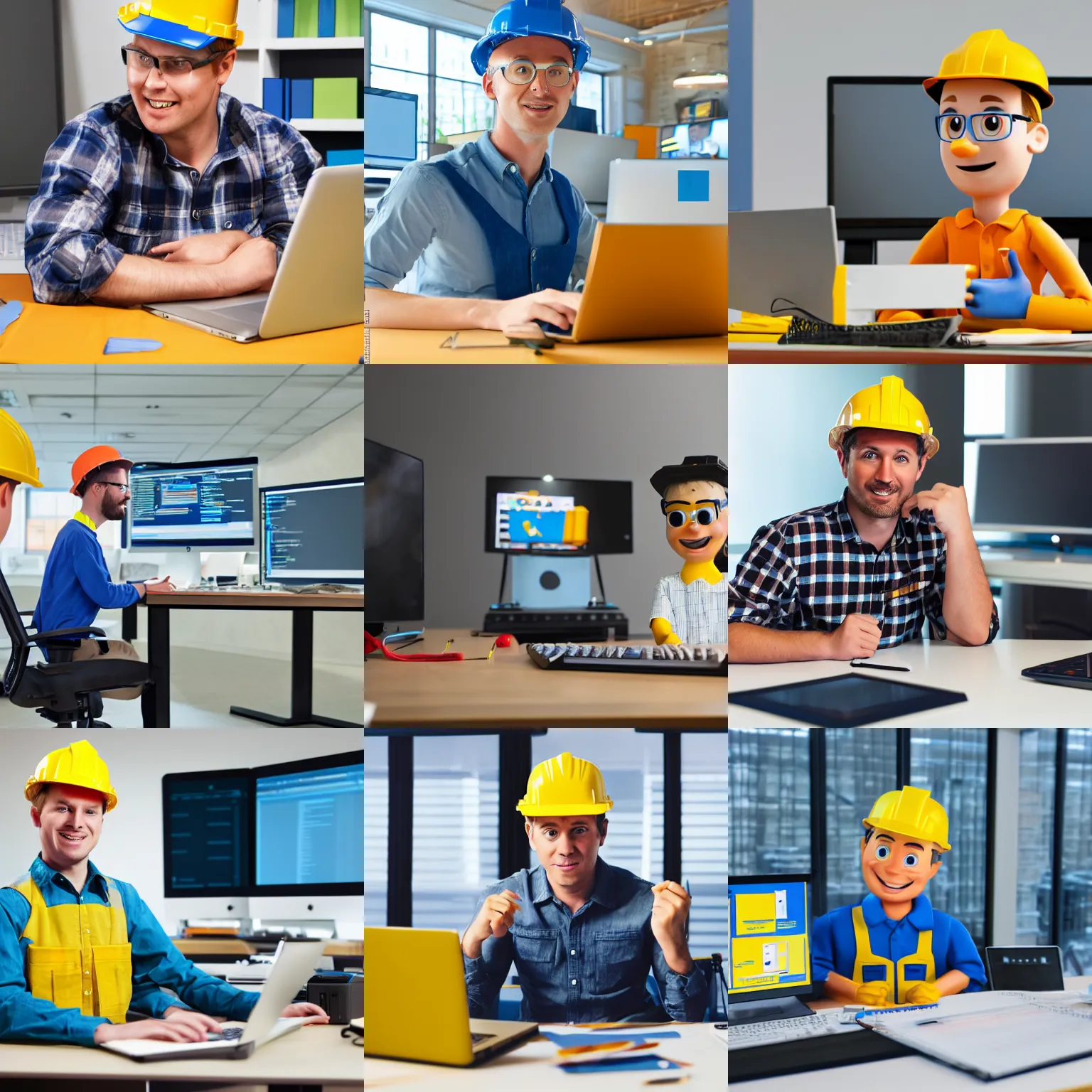 Prompt: bob the builder as a software developer, sitting in front a computer, in office, photoreal, 4k,