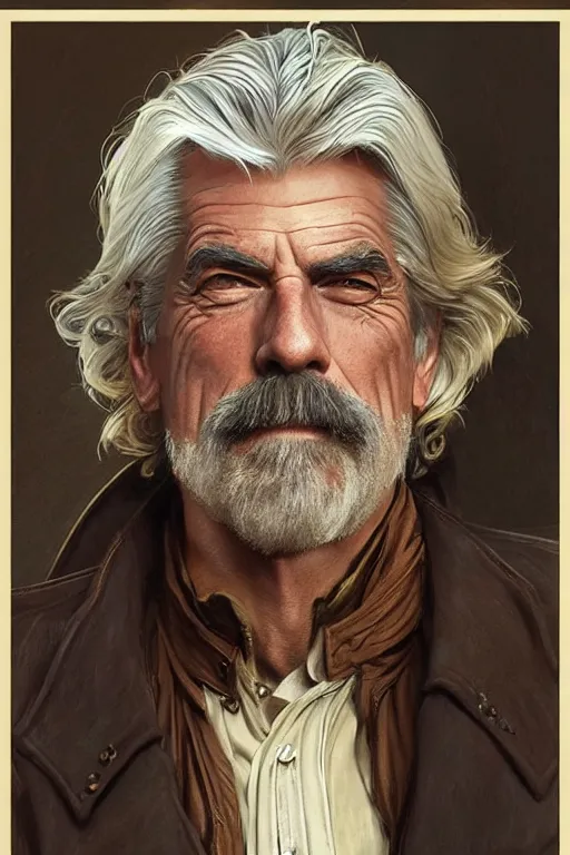 Image similar to portrait of sam elliott, western, gunslinger, duster, fantasy, intricate, elegant, highly detailed, digital painting, artstation, concept art, sharp focus, illustration, art by artgerm and greg rutkowski and alphonse mucha