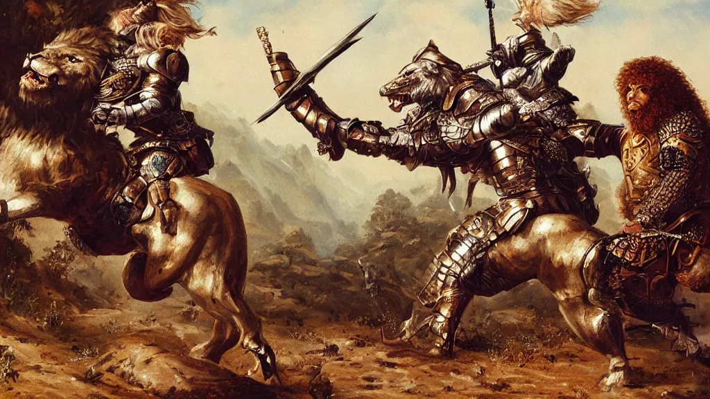 Prompt: fully armored knight wielding an automatic weapon fighting a lion in a medieval setting, painted by bob ross