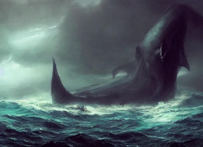 Prompt: leviathan swimming in the stormy sea concept, epic, beksinski, ruan jia, brent hollowell, assassin creed black flag concept