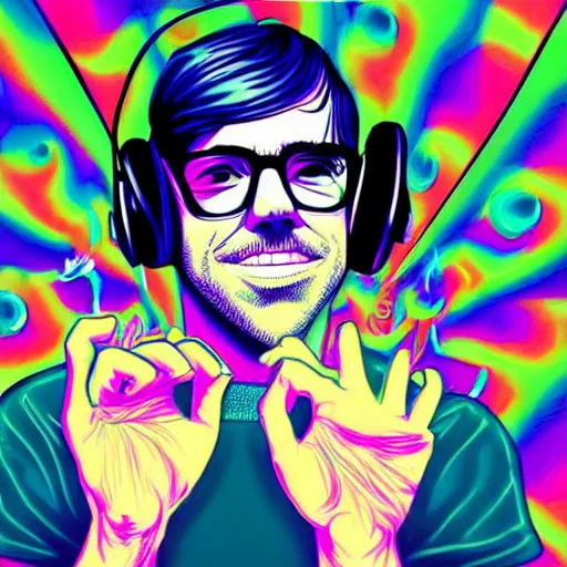 Image similar to artgerm, psychedelic ben folds, rocking out, headphones dj rave, digital artwork, r. crumb, svg vector