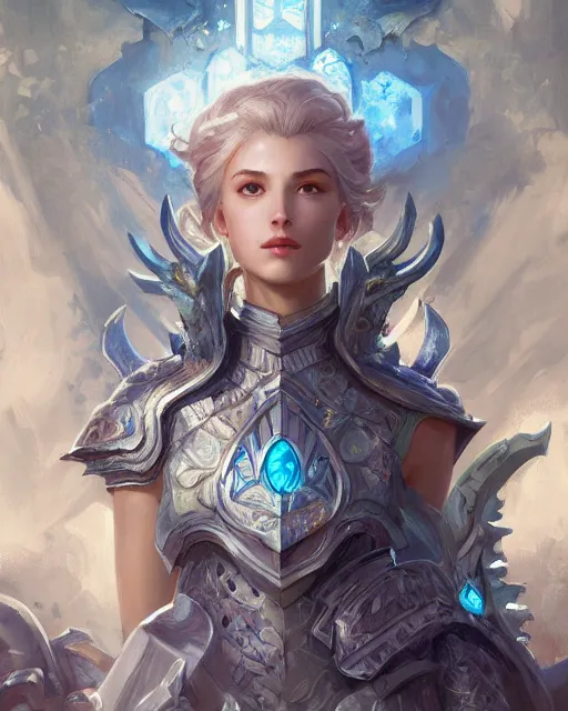 Image similar to Portrait of a Fantasy azure knight, moonlit, HD, illustration, epic, D&D, fantasy, intricate, elegant, highly detailed, digital painting, artstation, concept art, smooth, sharp focus, illustration, art by artgerm and greg rutkowski and alphonse mucha, monster hunter illustrations art book