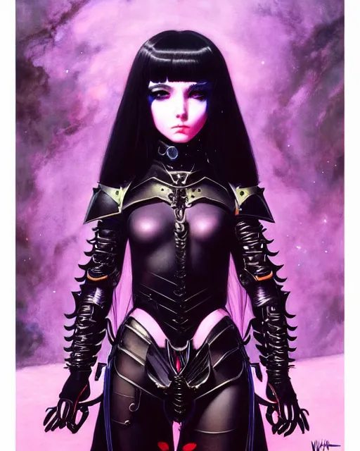 Image similar to portrait of beautiful cute goth girl in warhammer armor, art by kuvshinov ilya and wayne barlowe and gustav klimt and artgerm and wlop