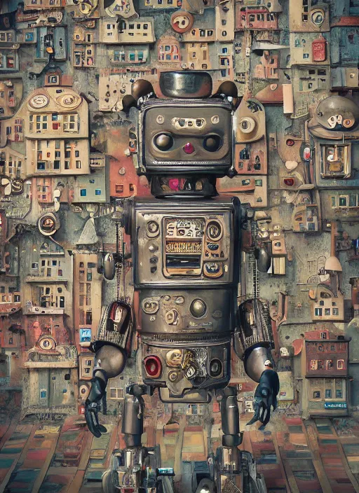 Image similar to closeup portrait of tin toy robot city, depth of field, zeiss lens, detailed, symmetrical, centered, fashion photoshoot, by nicoletta ceccoli, mark ryden, lostfish, breathtaking, 8 k resolution, extremely detailed, beautiful, establishing shot, artistic, hyperrealistic, octane render