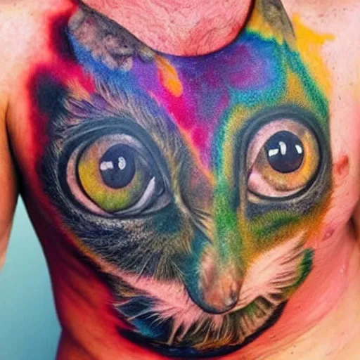 Prompt: shoulder tattoo of a multicolored trippy furry cute bushbaby with rainbow colored spiral eyes, surrounded with colorful marihuana leaves, insanely integrate