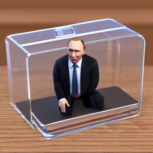 Prompt: Vladimir Putin amiibo in a transparent plastic box, 8k, raytracing, cartoon, blender render, unreal 6