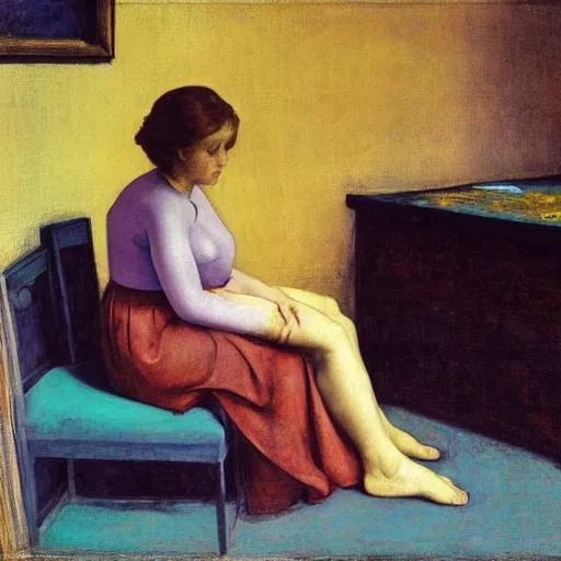 Image similar to close up of a girl in a blue and gold haunted liminal abandoned room, film still by edward hopper, by Pontormo, by klimt, pre-raphaelite. art noveau, art noveau, highly detailed, strong lights, liminal, eerie, Bright pastel colors