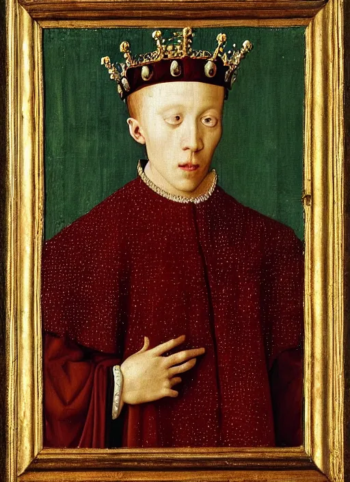 Image similar to portrait of a young man who is a king with a crown, medieval painting by Jan van Eyck, Florence