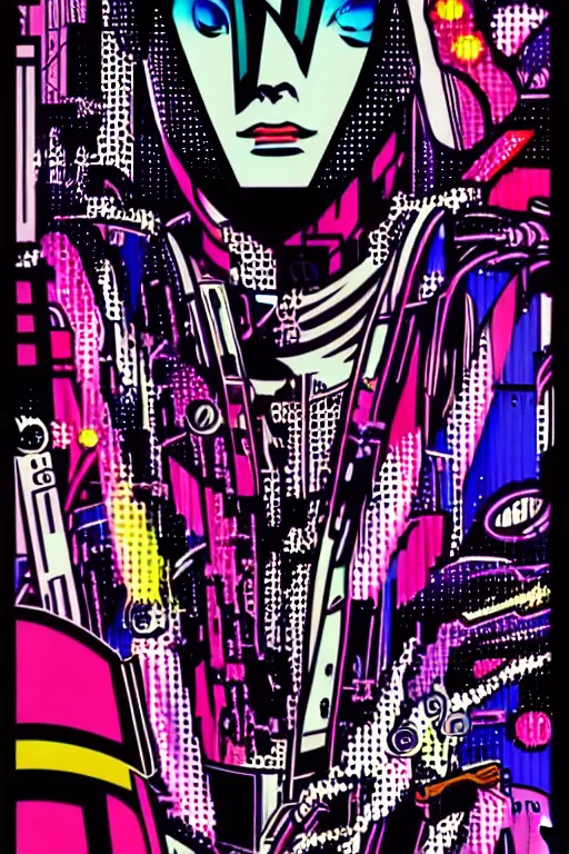 Image similar to futuristic japanese cyberpunk by roy lichtenstein, by andy warhol, ben - day dots, pop art, bladerunner, pixiv contest winner, cyberpunk style, cyberpunk color scheme, mechanical, high resolution, hd, intricate detail, fine detail, 8 k