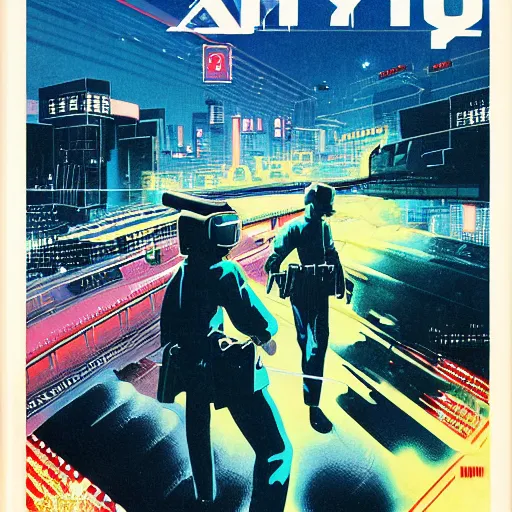 Image similar to 1979 OMNI Magazine Cover Illustration of neo-Tokyo bank robbery movie, Bank Robbery, Anime, Highly Detailed, Special Forces Security, Searchlights, Boat Dock, Special Agent, Water, Akira Color Palette, Inspired by Akira + MGS2 + FLCL, 8k :4 by Vincent Di Fate + Arc System works + Katsuhiro Otomo : 8