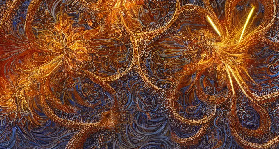 Image similar to Close up of intricate Vladimir Kush mandelbulb fractal, made of fireworks and octopus, ultra detailed, fractal art, cgsociety, artstation