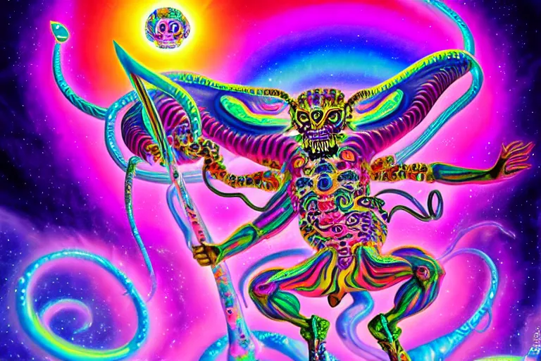 Image similar to lisa frank illustration of rebulon the ancient demon, painted by lisa frank, masterpiece concept art, 8 k, intricate detail, cinematic lighting, epic pose, bright colors