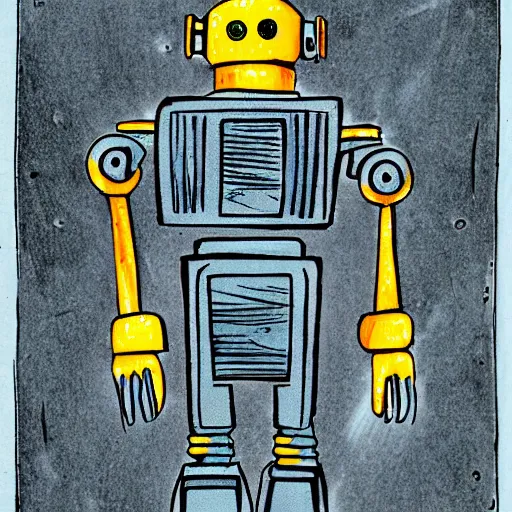 Image similar to a children's book illustration of a broken robot