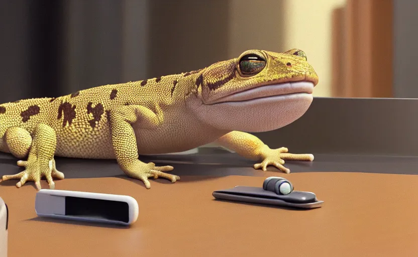 Image similar to a cute gecko with headphones in a cafe sitting in front of a table with a coffee, digital painting, masterpiece, digital art, concept art, octane render, unreal engine 5, trending on deviantart, highly detailed, high quality, 8 k, cartoon, high coherence, realistic, anatomically correct, five fingers, relaxing, realistic and detailed face, beautiful, elegant