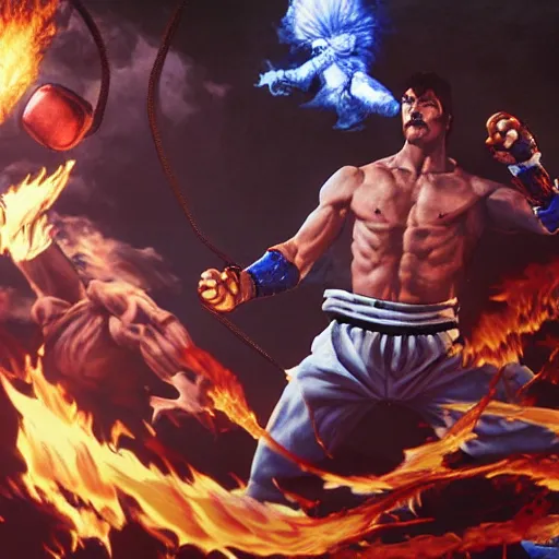 Image similar to freddy mercury as ryu street fighter, uppercut, ultra realistic, concept art, intricate details, highly detailed, photorealistic, octane render, 8 k, unreal engine, art by frank frazetta, simon bisley, brom