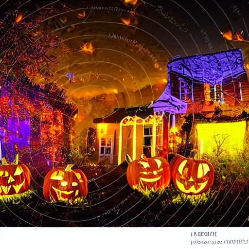 Prompt: Beautiful Halloween Night Village Glowing Flowers Decorations Vibrant Glowing Spooky Haunted scenery