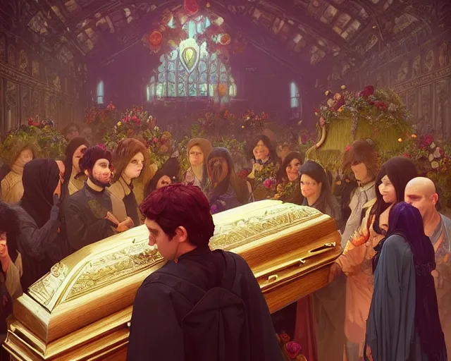 Image similar to a funeral with coffin, flowers and mourners inside a supermarket, photography of kurzgesagt, deep focus, d & d, fantasy, intricate, elegant, highly detailed, digital painting, artstation, concept art, matte, sharp focus, illustration, hearthstone, art by artgerm and greg rutkowski and alphonse mucha