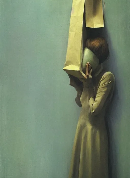 Image similar to woman in paper bag over the head flooded oxygen tank Edward Hopper and James Gilleard, Zdzislaw Beksinski, highly detailed