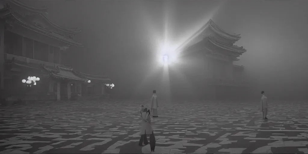 Image similar to light coming out of one bull - like kaiju starfish monster, korean film noir, korean traditional palace, pyongyang city, 1 9 6 0 s, red color bleed, 4 k, video compression, video glitch, monochrome, akira kurosawa, mamoru oshii, wes anderson, stanley kubrick