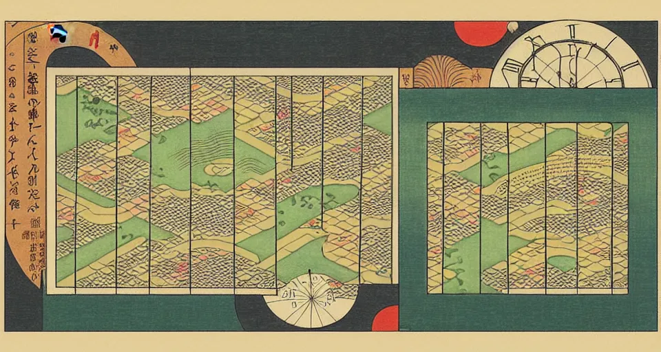 Image similar to isometric miniature map dashboard with time series charts, pie plots and other modern graphics, with small creatures on it. monografia by diego rivera ( ukiyo - e influence )