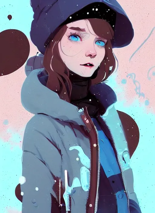 Prompt: highly detailed portrait of a sewer punk lady student, blue eyes, winter jacket, hat, white hair by atey ghailan, by greg rutkowski, by greg tocchini, by james gilleard, by joe fenton, by kaethe butcher, gradient pink, black, brown and light blue color scheme, grunge aesthetic!!! ( ( snowy graffiti tag wall background ) )