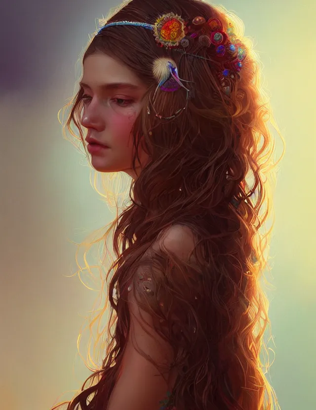 Image similar to portrait of a young woman wearing a boho dress, hippie girl, long hair, groovy hairband, bangs, intricate, smooth, groovy lighting, highly detailed, digital painting, artstation, concept art, smooth, sharp focus, illustration, art by wlop, mars ravelo and greg rutkowski