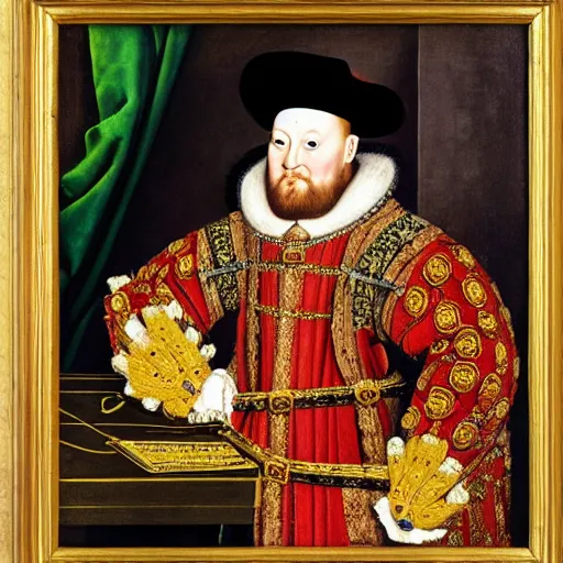 Prompt: king henry viii building a pc, wearing a crown and royal robes, 17th century detailed oil painting with a gilded frame