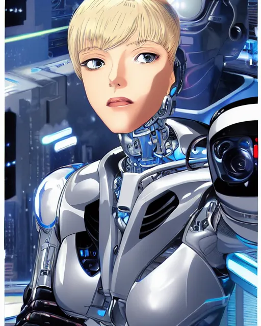 Prompt: portrait of a blonde woman with blue eyes as a robot, cybernetic enhancements, art by makoto shinkai and alan bean, yukito kishiro