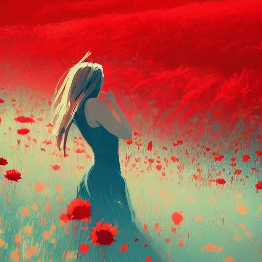 Prompt: red flower field, small white girl figure in the background, highly detailed, artstation, by Anton fadeev