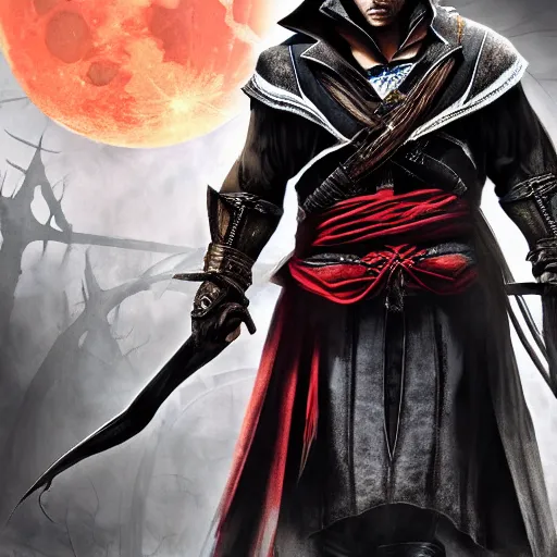 Image similar to an ultra detailed vector image of ezio auditore dressed as the hunter from bloodborne, concept art by alphonse mucha and greg rutkowski, praise the blood moon, octane render, liminal space