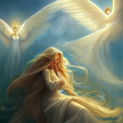 Prompt: a painting of an angel, a young woman with long blond hair and a halo smiling in heaven, looking down at her friend, a woman with long blond hair on earth, andreas rocha