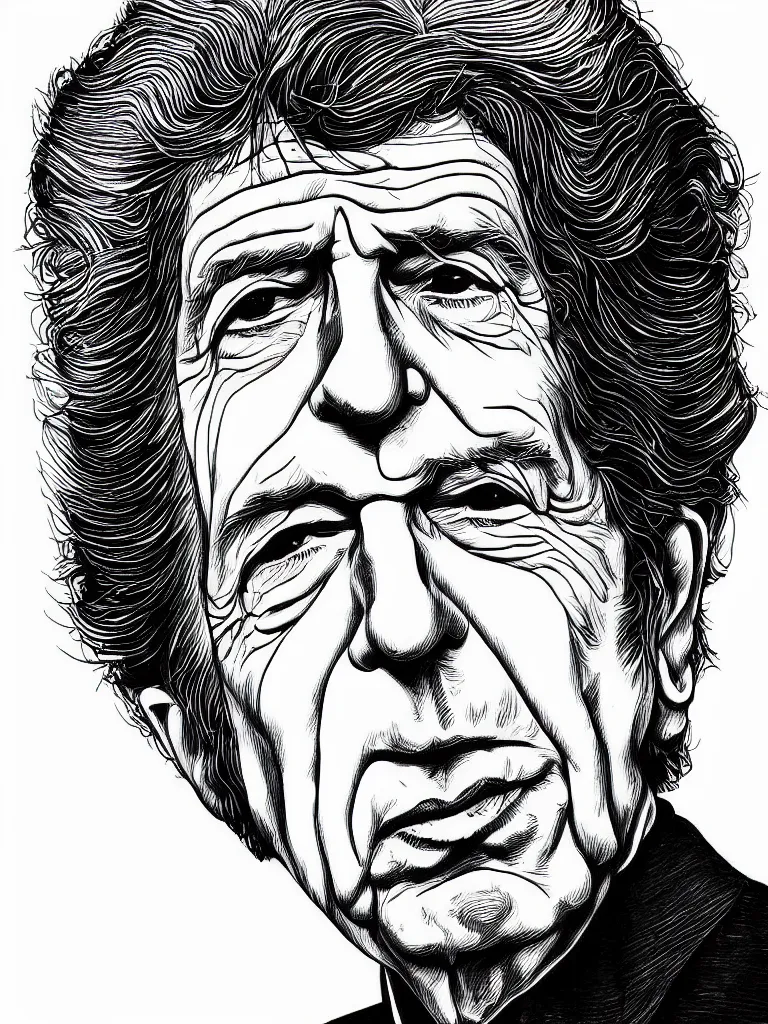 Image similar to detailed line art portrait of leonard cohen. caricatural, minimalist, bold contour lines, musicality, soft twirls curls and curves, confident personality, raw emotion