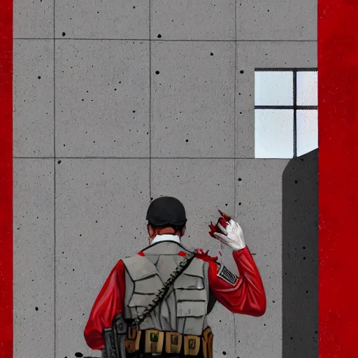 Image similar to ( ( beige ) ) uniform and caps ( red skin zombie ) ranger officers ( background brutalist gray concrete office ) trending on artstation high detail digital painting 4 k 8 k hd accurate glow red