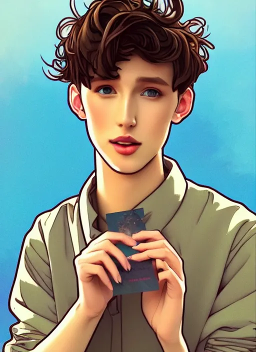 Image similar to cute troye sivan trading card design, natural lighting, path traced, highly detailed, high quality, digital painting, by don bluth and ross tran and studio ghibli and alphonse mucha, artgerm