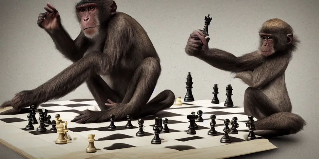 Prompt: a monkey winning a chess game to a human, hyper detailed, hyperrealistic