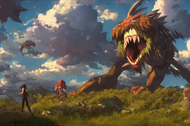 Image similar to giant monster eating everybody, highly detailed, 4k resolution, lighting, anime scenery by Makoto shinkai