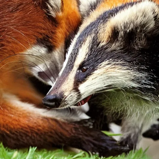 Prompt: A close up badger biting a fox, as happens in nature from time to time. Photo credit National Geographic.