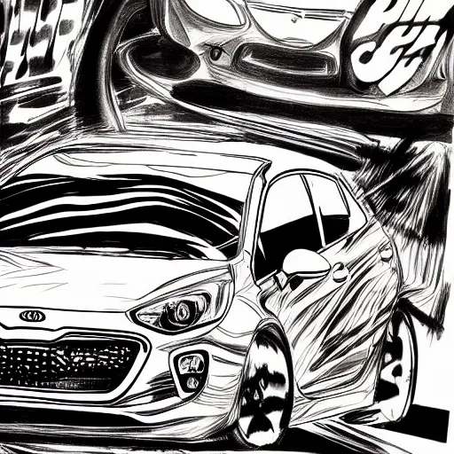 Prompt: Kia Rio hatchback drifting, page from Initial D manga, ink drawing, black and white