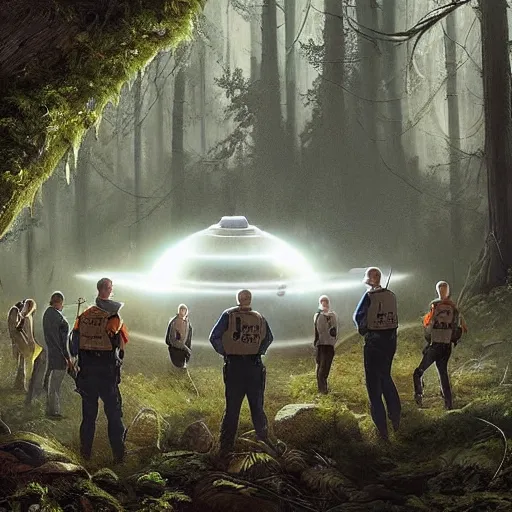Prompt: a [ team of scientists, police officers, and news reporters ] surround a crashed ufo in the [ middle of a forest ]!!, [ digital art ]!!, trending on cgsociety, 4 k quality, illustrated by greg rutkowski, mary anning, peder balke, balthus, and gaston bussiere