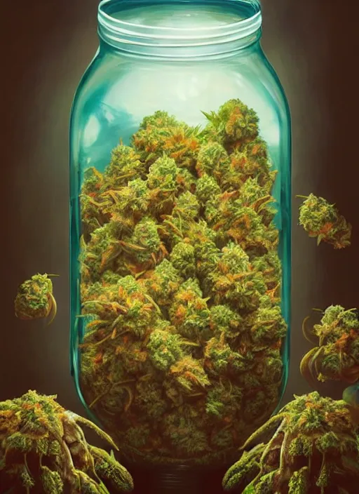 Image similar to detailed surreal digital painting of a mason jar full of cannabis buds, surreal mushrooms and large capsules by artstation, fanart behance hd by jesper ejsing, by rhads, makoto shinkai and lois van baarle, ilya kuvshinov, rossdraws, refer madness propaganda, global illumination, radiant light, detailed and intricate environment