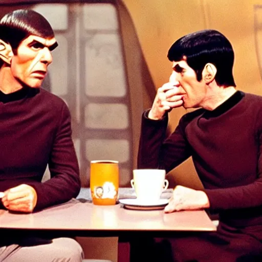 Image similar to photo of mr spock drinking coffee with a klingon, cinematic, movie still