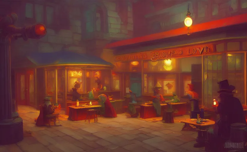 Image similar to A cheerful gnomish steampunk tavern, very coherent, painted by Edward Hopper, Wayne Barlowe, painted by James Gilleard, airbrush, art by JamesJean