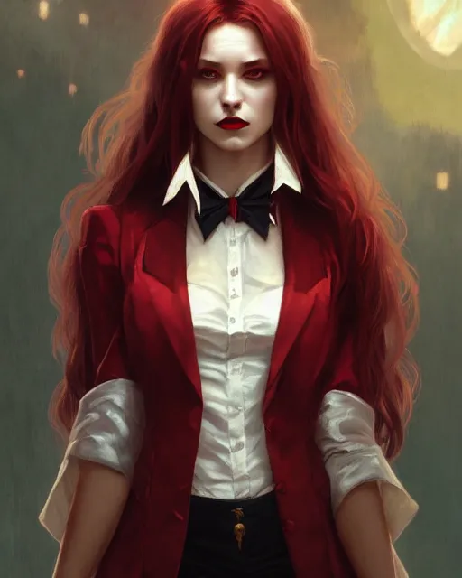 Prompt: female vampire, perfect face, gold waistcoat, red shirt, long grey hair, red necktie, cinematic, stunning, highly detailed, digital painting, artstation, smooth, hard focus, full body shot, illustration, art by artgerm and greg rutkowski and alphonse mucha