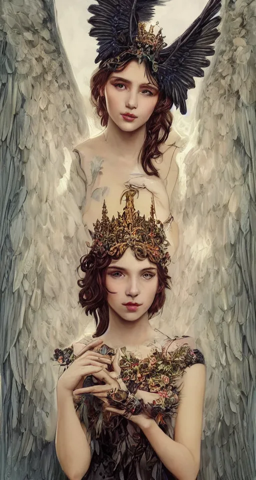 Prompt: beautiful young girl wearing a crown and sadness in her eyes, ravens around her, skulls, vaporwave aesthetic, synthwave, intricate, elegant, highly detailed, digital painting, wearing long gown, angelic wings, artstation, concept art, smooth, sharp focus, illustration, art by artgerm and greg rutkowski and alphonse mucha