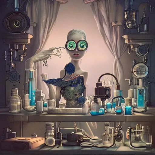 Prompt: Lofi portrait in laboratory, Pixar style by Joe Fenton and Stanley Artgerm and Tom Bagshaw and Tim Burton