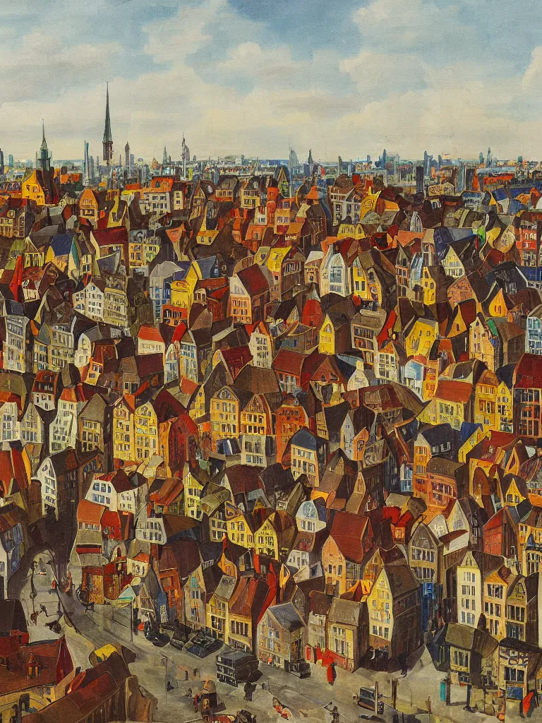 Image similar to a colorful painting of a cityview in the style of Raymond Heere, kleurrijke stadsgezichten