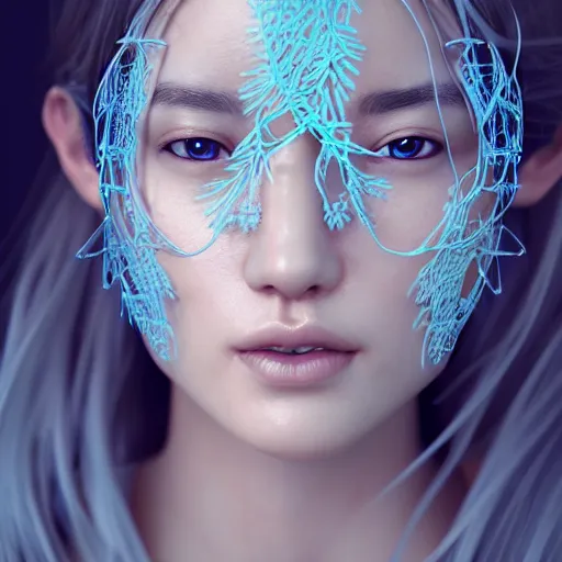 Prompt: intricate highly detailed face portrait of asian - european woman, light blue transparent metal vines on her face, intricate, cgsociety, unreal engine, octane render, sharp focus, smooth, volumetric lighting, cinematic composition, artstation