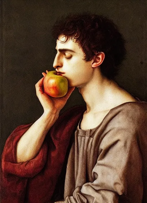 Image similar to (((( a painting of a Timothee Chalamet EATING an APPLE, a character portrait by Dürer, behance, pre-raphaelitism, da vinci,y pre-raphaelite, detailed painting“