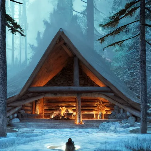 Prompt: Many american natives sitting inside a large underground wooden cabin around a fireplace with wooden walls, wet ground, a traditionally decorated shaman dances around the fire, huge blue self-luminous glowing cloud ghosts flies above the fireplace, foggy atmosphere, night, cinematic lighting, octane render, concept art, Jeffrey Jacob Abrams, Steven Spielberg, John Sweeney, Craig Mullins, artstation,